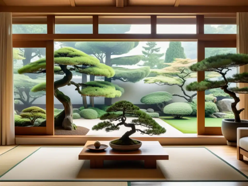 Salón minimalista con vista a jardín japonés, muebles elegantes, luz natural y bonsái en armonía feng shui plantas interior