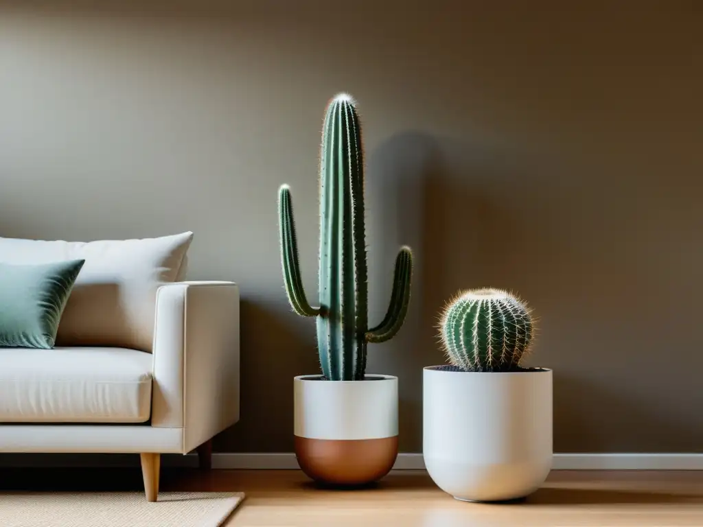 Un salón moderno con un cactus como punto focal, bañado en luz natural cálida