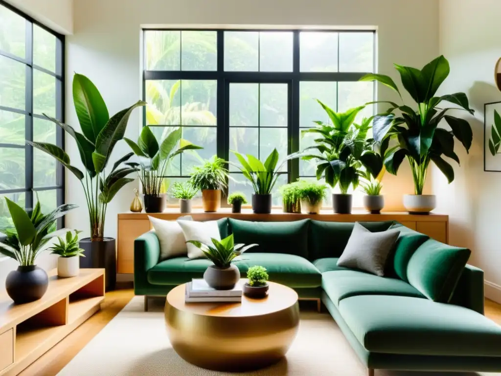 Salón moderno y bien decorado con plantas de interior que reducen ruido, creando un ambiente sereno y acogedor