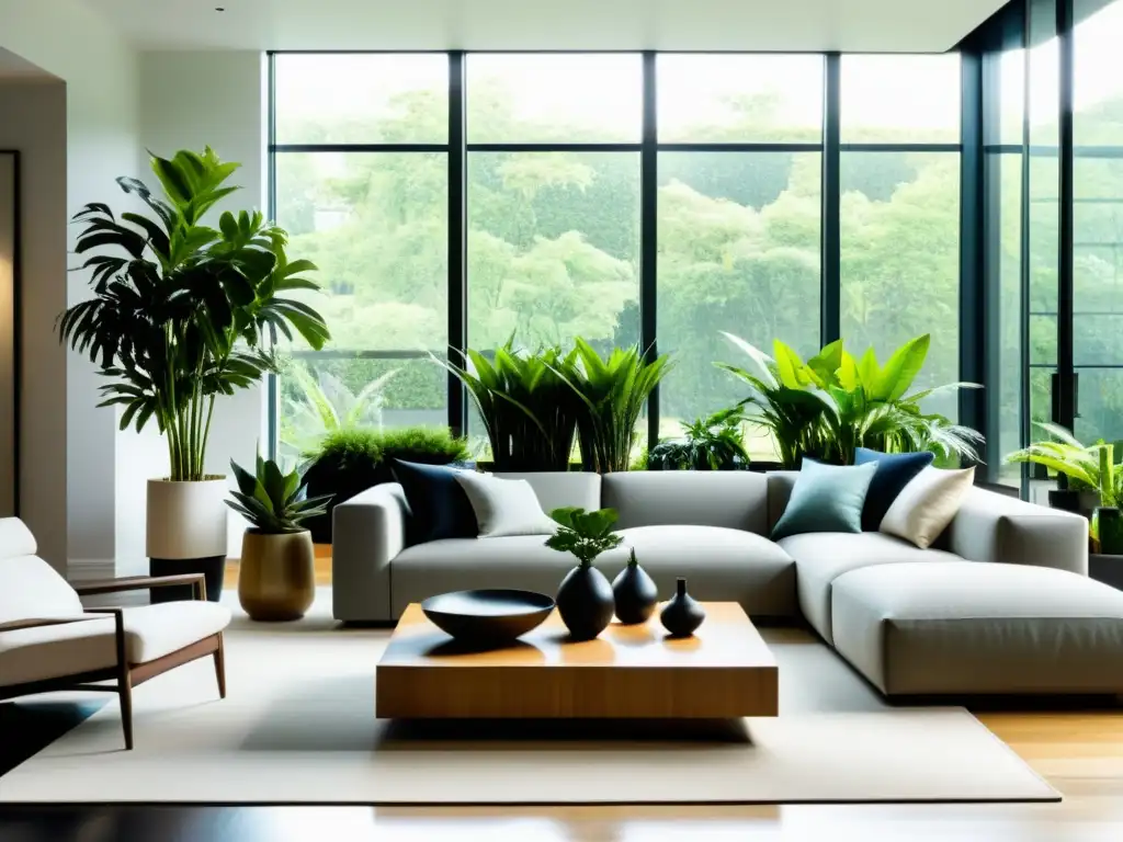 Un salón moderno y elegante con combinaciones de plantas de interior diseño en macetas contemporáneas, bañado en luz natural