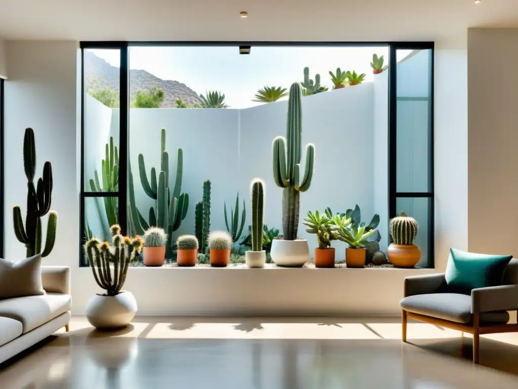 Un salón moderno con cactus exóticos, iluminado por luz natural