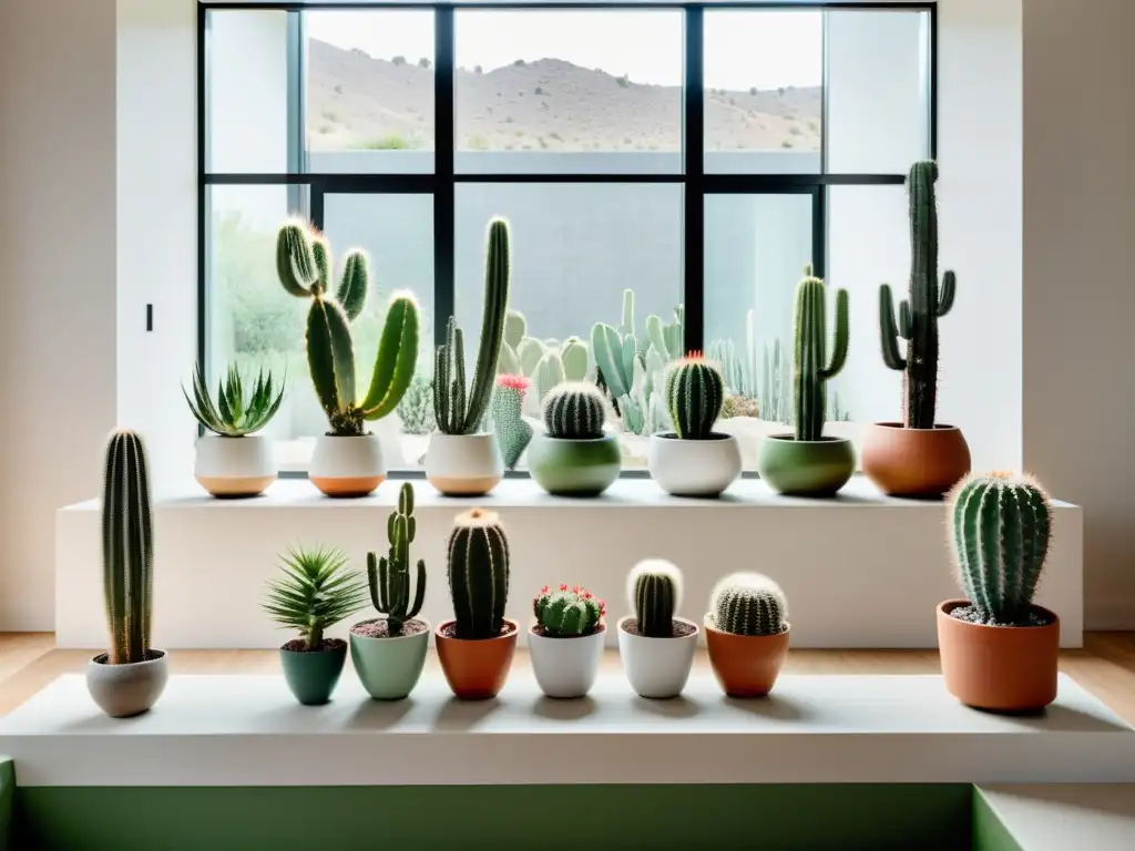 Un salón moderno con cactus exóticos en macetas geométricas, aportando beneficios a la salud interior con su belleza natural