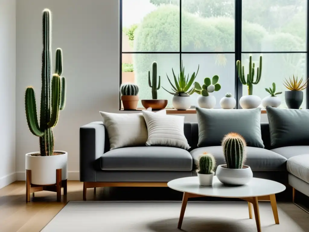 Un salón moderno con cactus exóticos en macetas blancas, bañados por la luz natural, y un gato relajado en el sofá