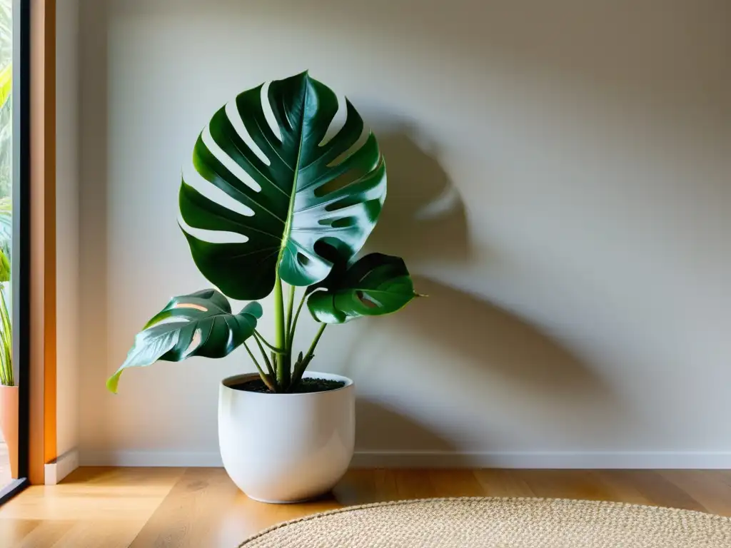 Un salón moderno con una exuberante planta de interior clásica tendencia en una elegante maceta blanca