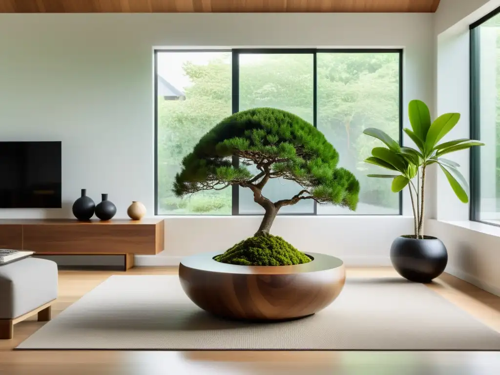 Un salón moderno con un kokedama en un entorno minimalista y tranquilo