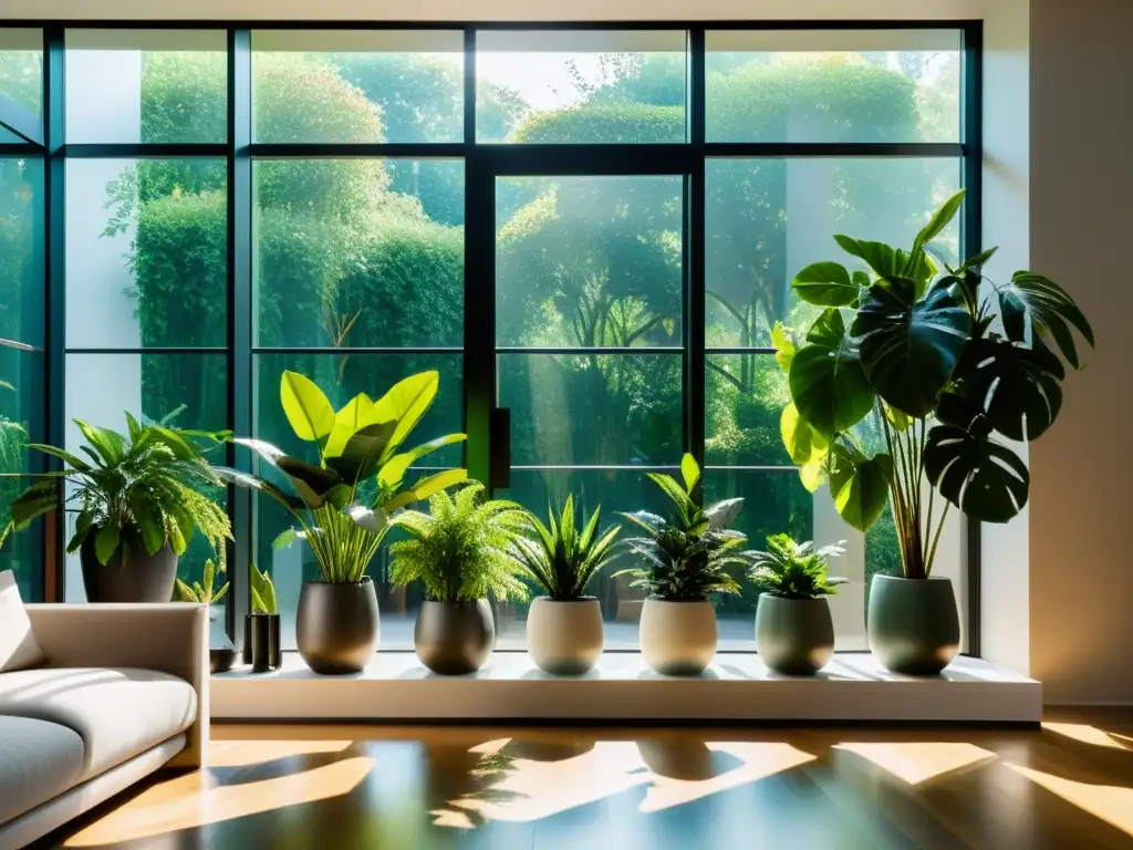 Un salón moderno y luminoso con plantas de interior para purificar aire en elegantes macetas, creando un ambiente armonioso y sofisticado