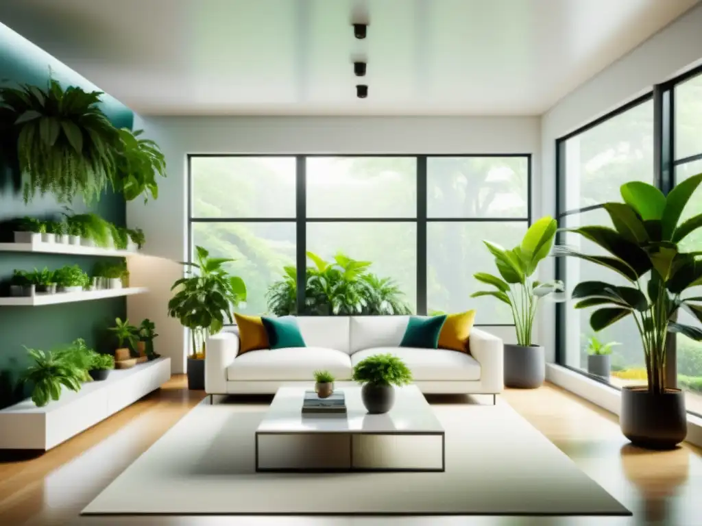 Un salón moderno y luminoso con plantas de interior, creando un ambiente sereno y ecofriendly