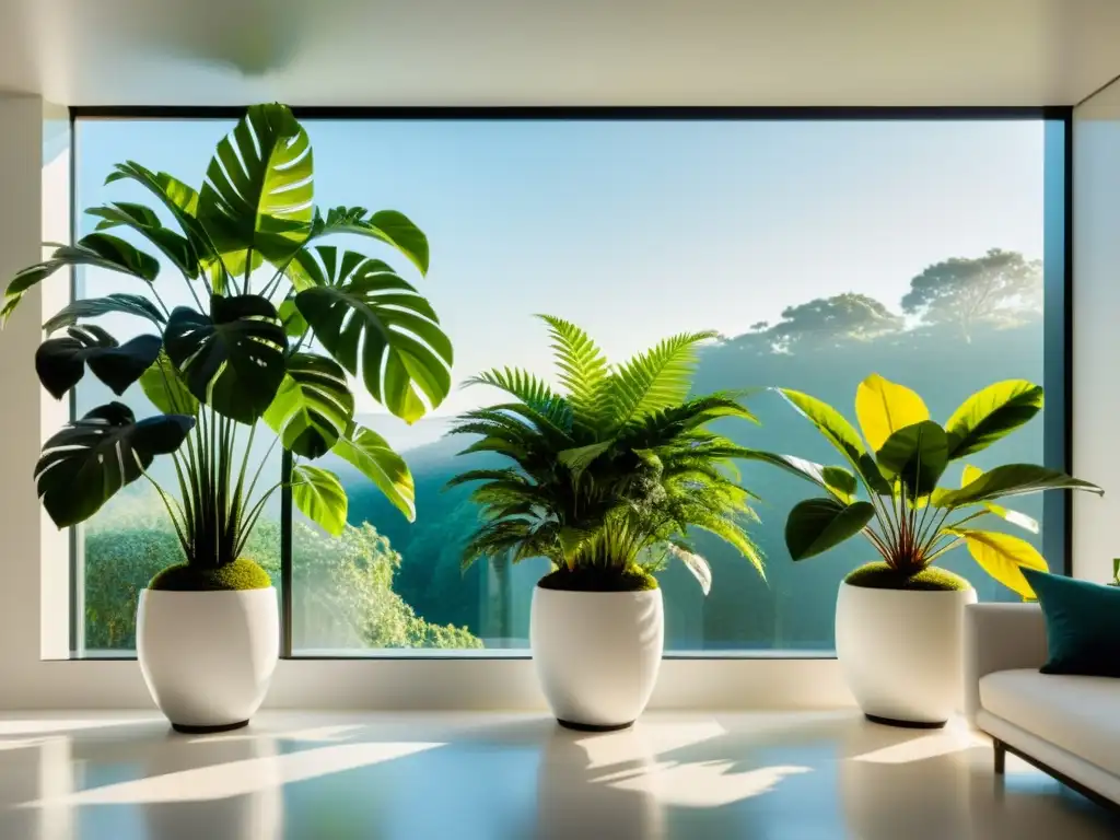 Salón moderno y luminoso con plantas de interior para purificar aire en elegantes macetas blancas, creando un ambiente natural y tranquilo