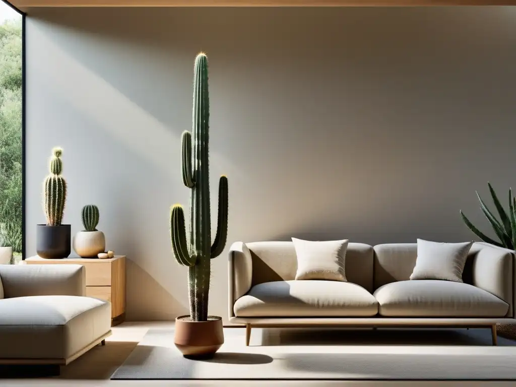 Un salón moderno y minimalista con un cactus impresionante como punto focal