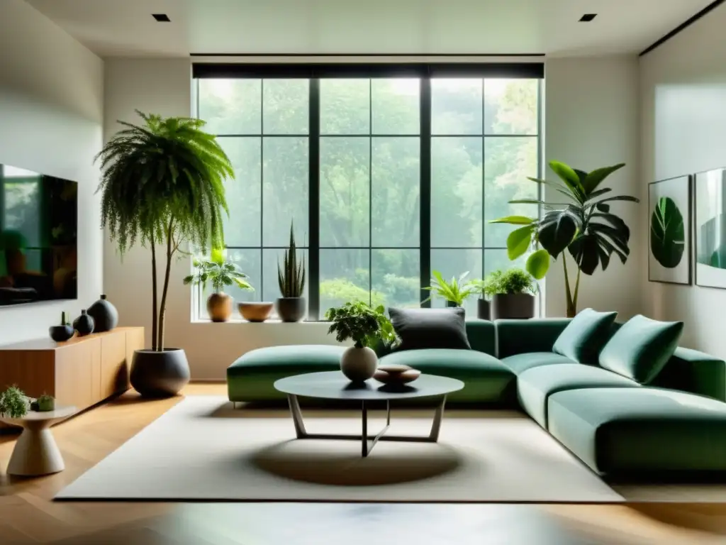 Un salón moderno y minimalista con combinaciones de plantas de interior inspiradas en el cine, bañado por suave luz natural