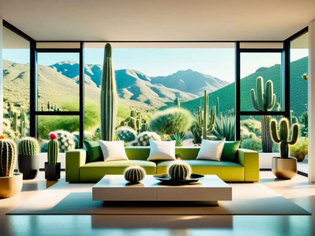 Un salón moderno minimalista con cactus exóticos estratégicamente colocados