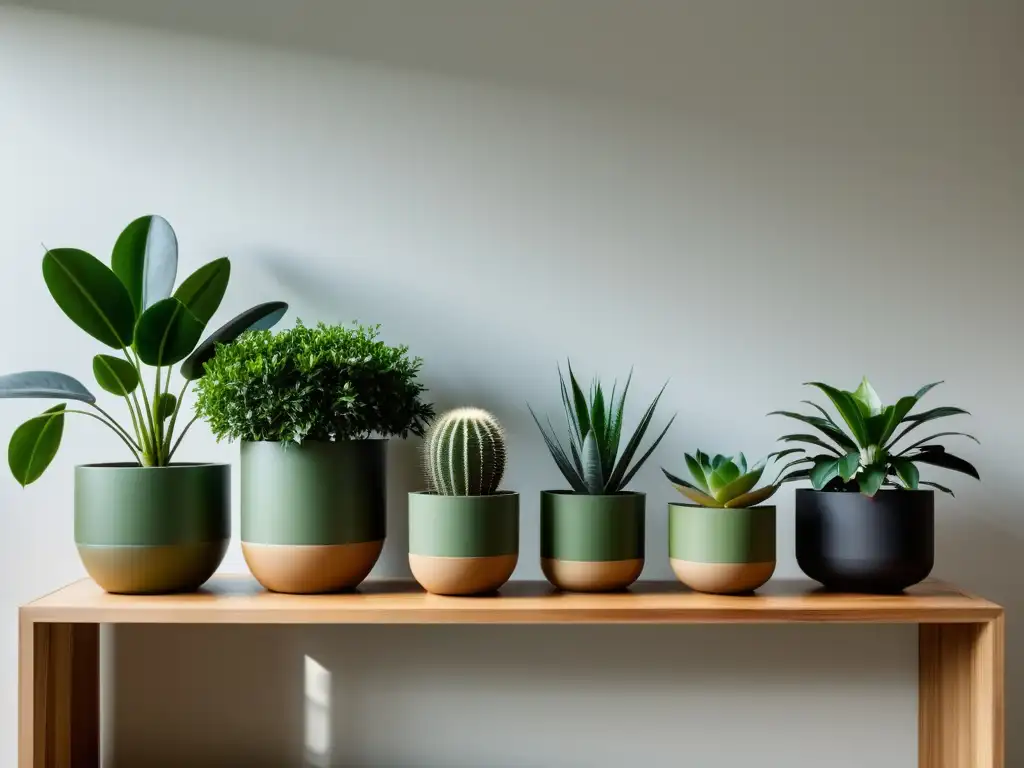 Un salón moderno y minimalista con macetas ecológicas para plantas de interior, creando un ambiente sereno y acogedor