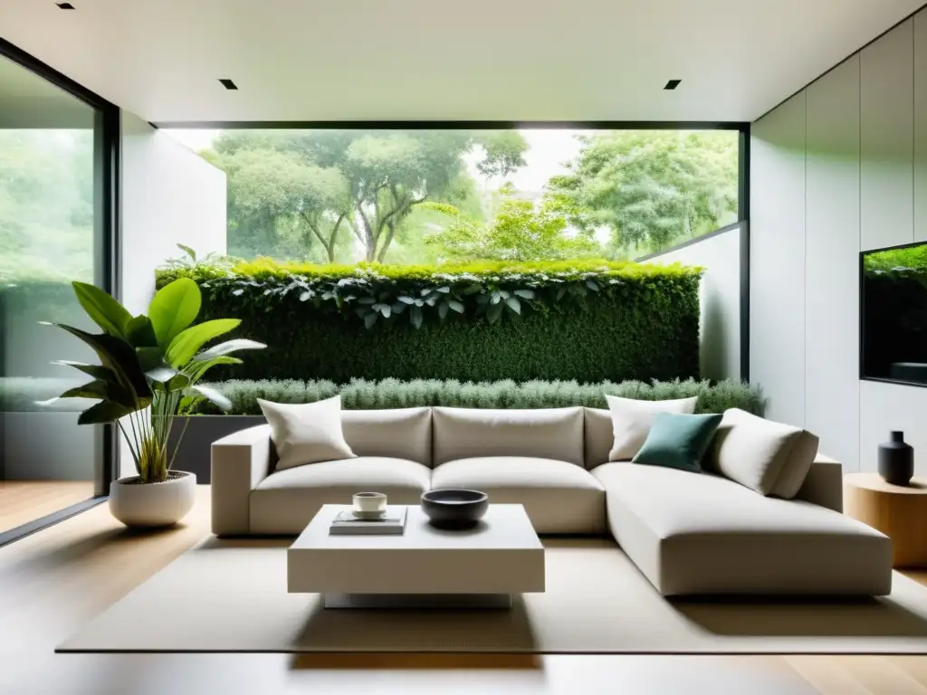 Salón moderno con decoración minimalista y plantas de interior, inundado de luz natural y vistas al jardín exuberante