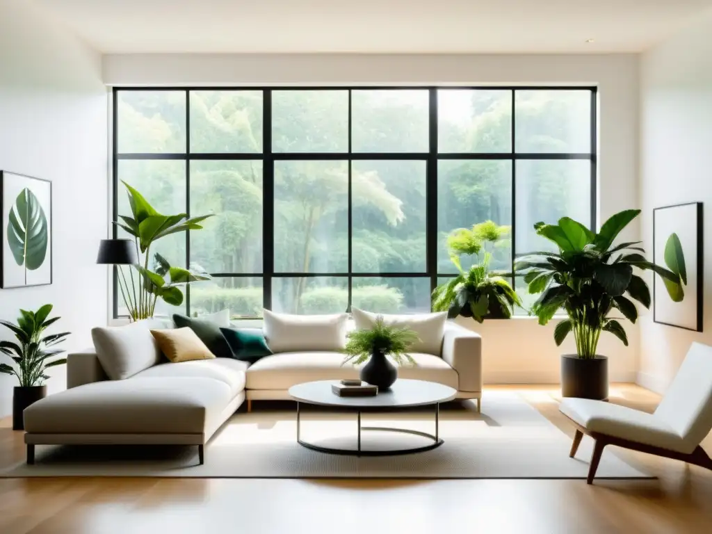 Salón moderno y minimalista con plantas de interior beneficios psicología, luz natural y ambiente sereno