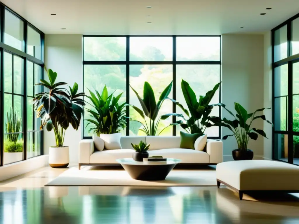 Un salón moderno y minimalista con plantas de interior de bajo mantenimiento, iluminado por luz natural, creando un ambiente sereno y acogedor