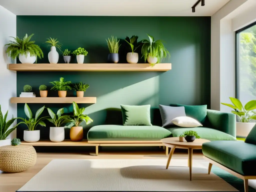 Un salón moderno y minimalista con plantas de interior seguras para mascotas, creando un ambiente sereno y armonioso