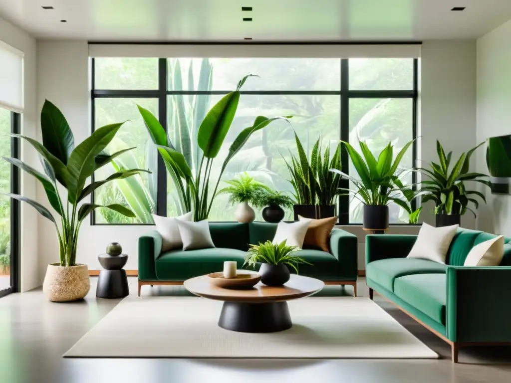 Un salón moderno y minimalista con plantas interiores que purifican el aire, creando un ambiente sereno y acogedor