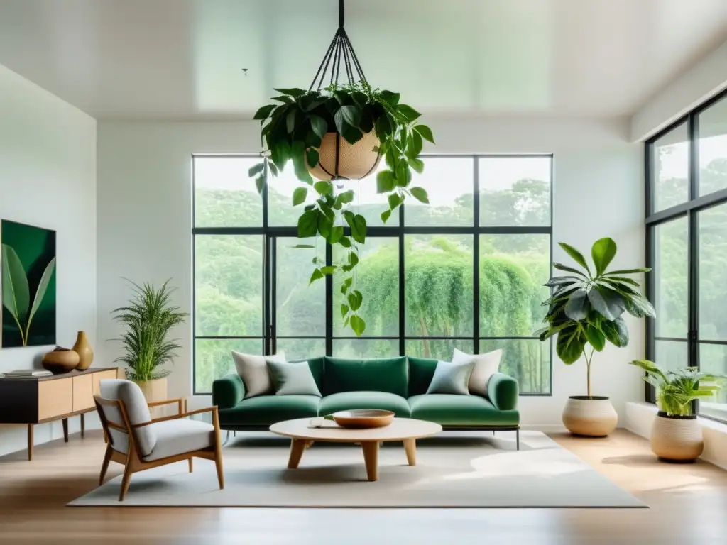 Un salón moderno y minimalista con plantas colgantes para espacios limitados, bañado por luz natural y serenidad