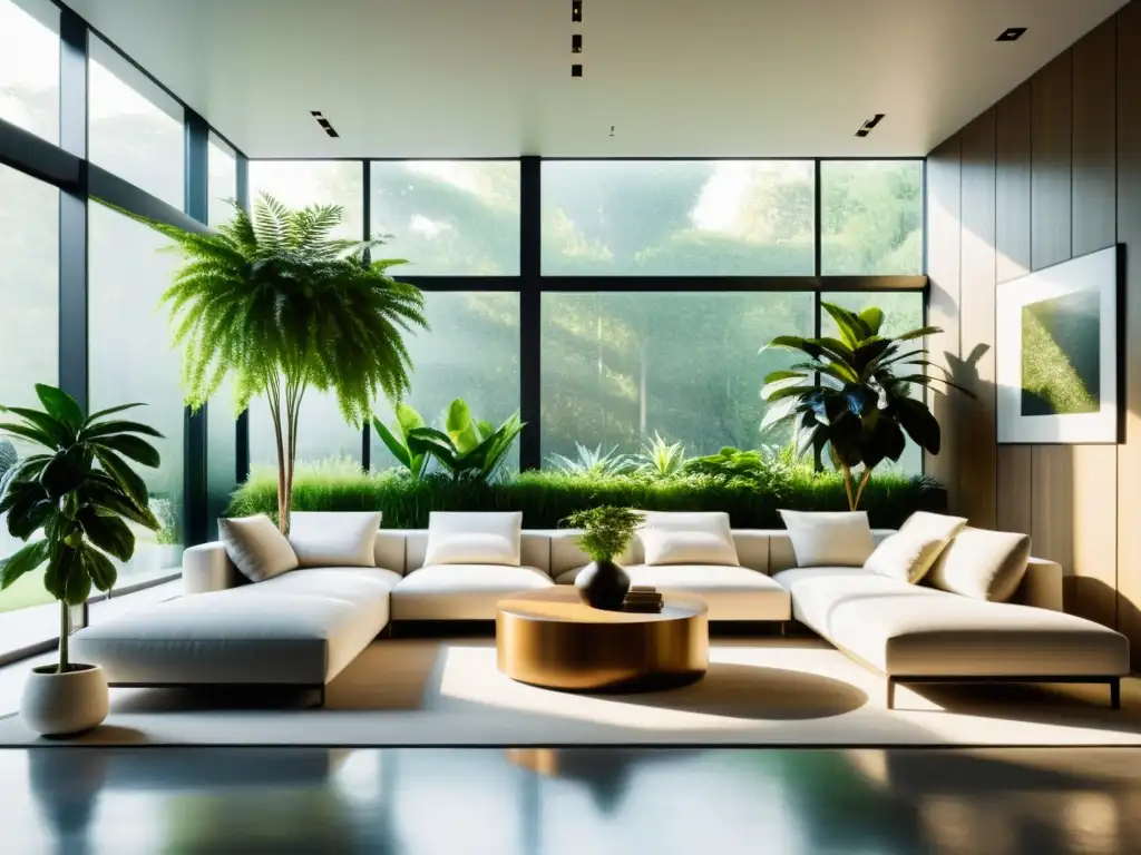 Un salón moderno y minimalista con plantas de interior para ahorrar energía, bañado en luz natural y armonía con la naturaleza