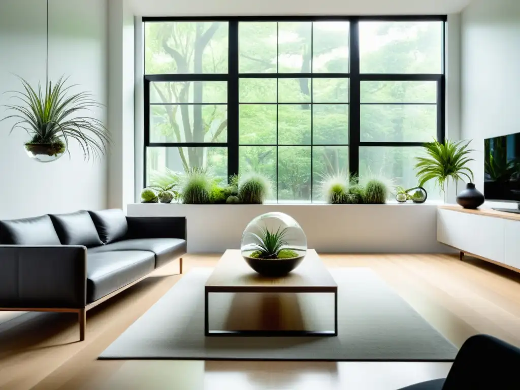 Un salón moderno con plantas aéreas para decoración interior, elegante y minimalista, bañado en luz natural