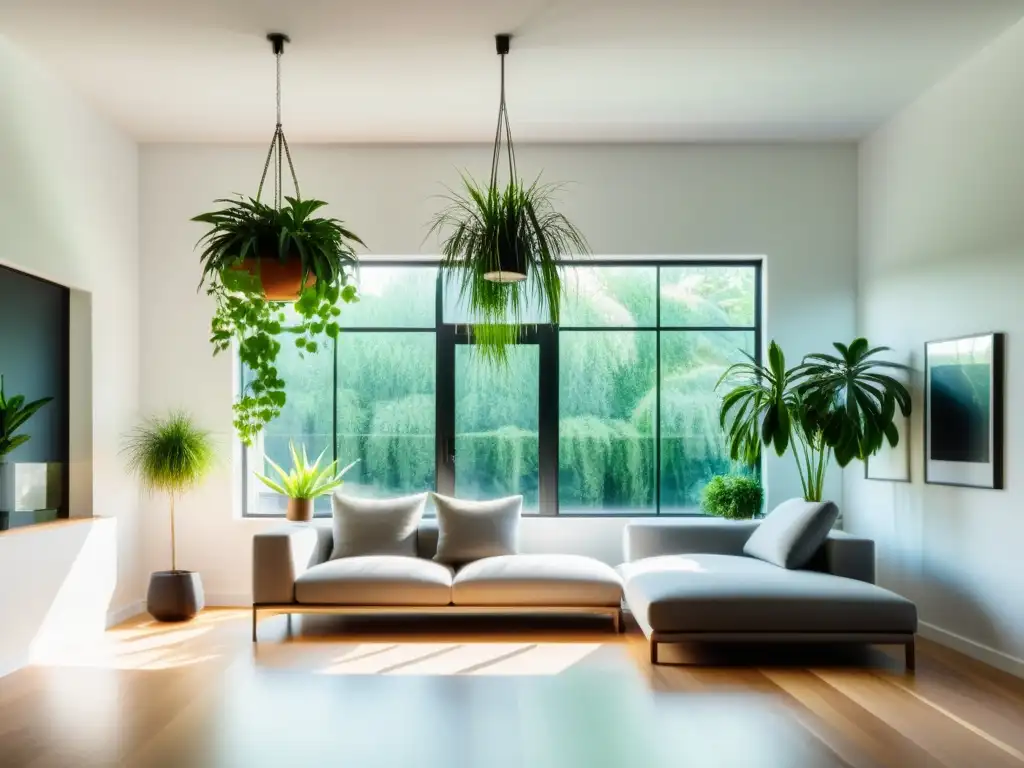 Salón moderno con plantas Chlorophytum colgadas de forma creativa, iluminado por luz natural