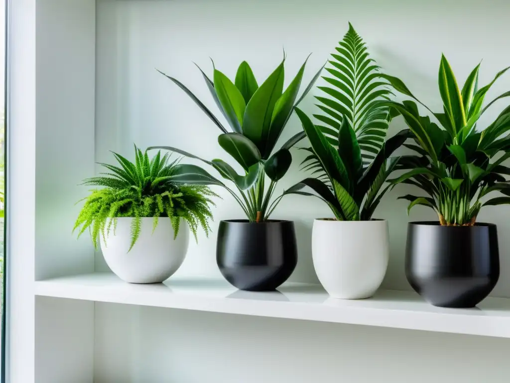 Un salón moderno con plantas en estantes blancos