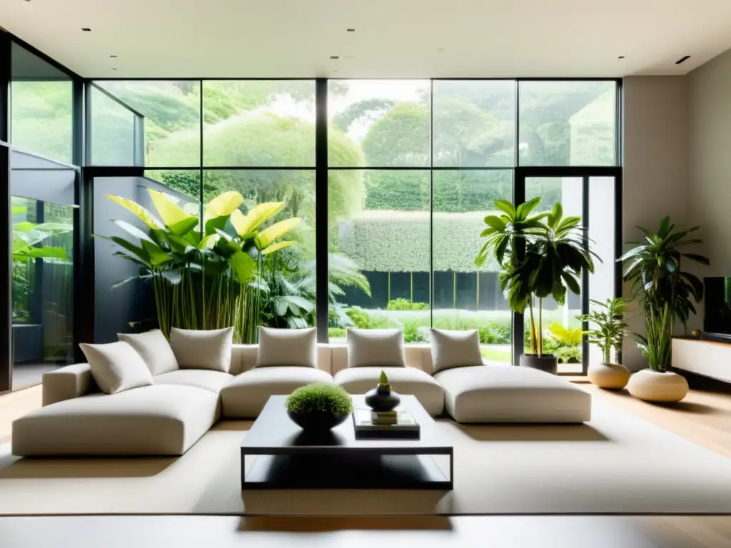 Salón moderno con plantas de interior según Feng Shui, iluminado por luz natural