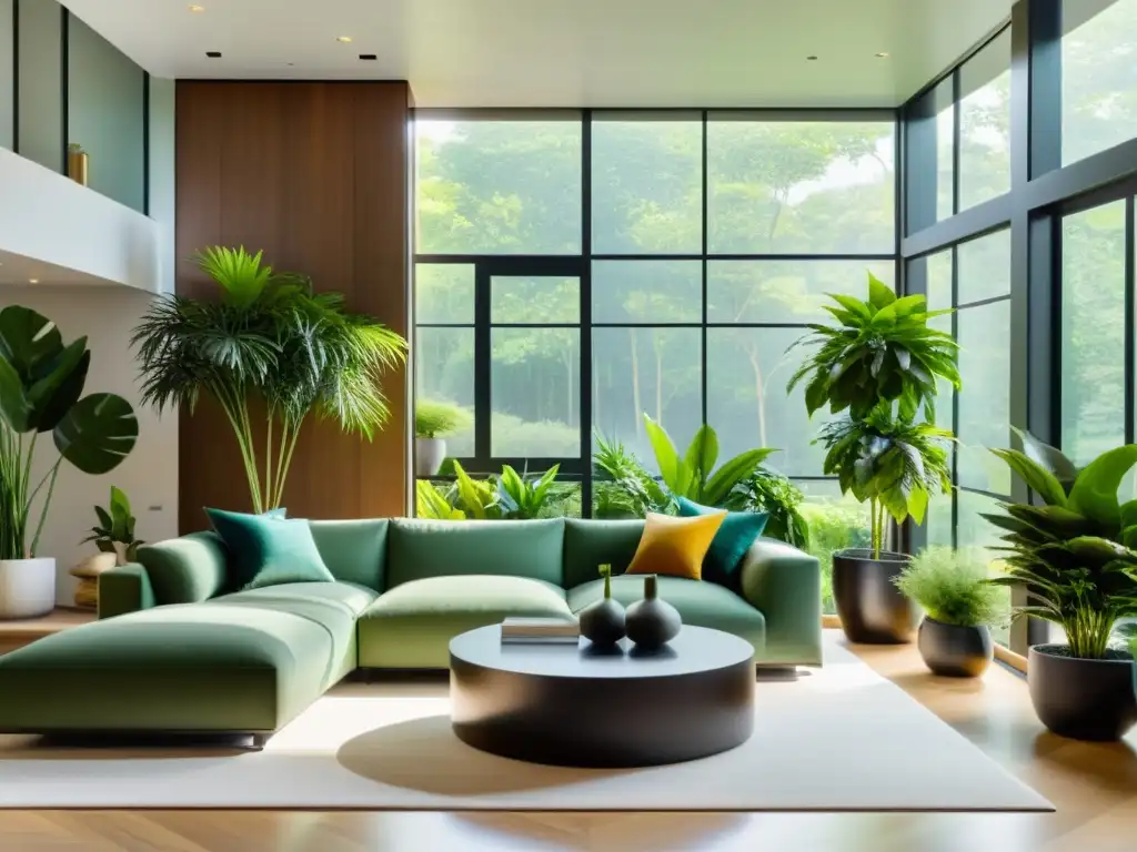 Salón moderno con plantas de interior que reducen ruido, creando un ambiente tranquilo y sereno bañado en luz natural