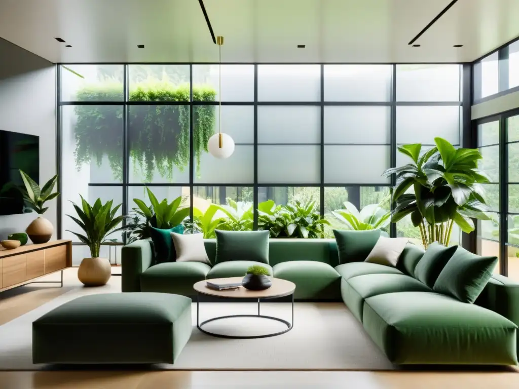 Salón moderno con plantas de interior para eficiencia energética