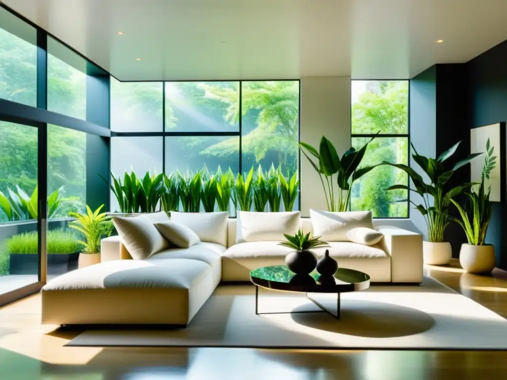Sala minimalista con plantas para purificar el aire Salón moderno con plantas de interior para purificar aire, creando un ambiente armonioso y sereno