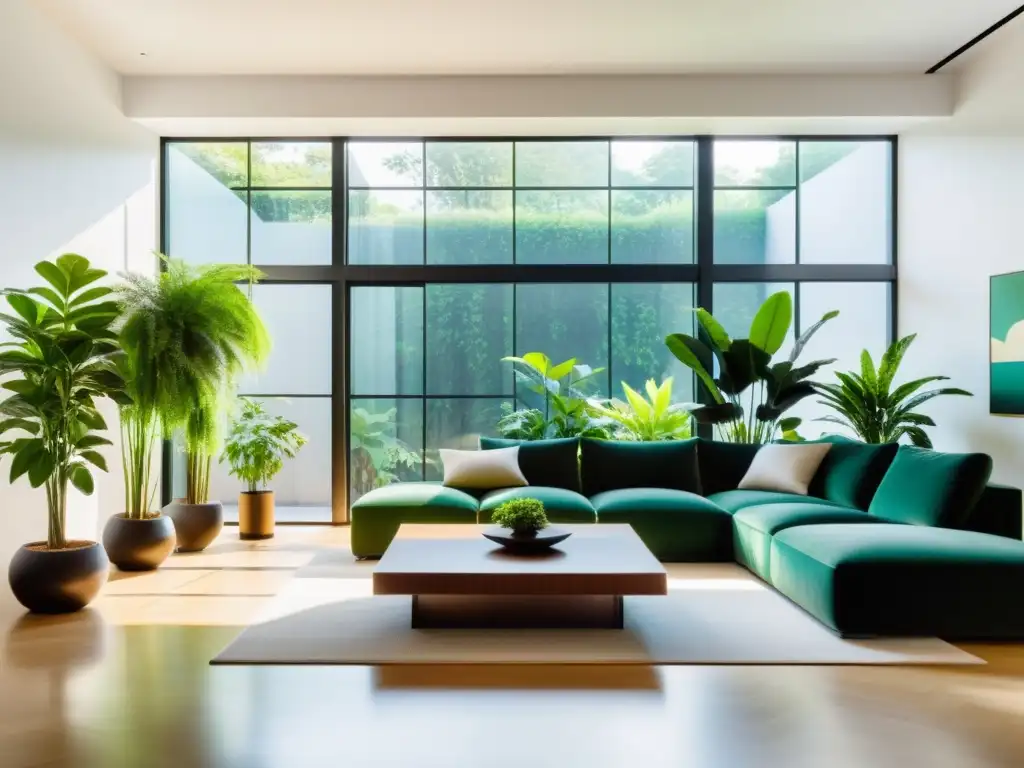 Salón moderno con plantas de interior para energía y purificación del aire