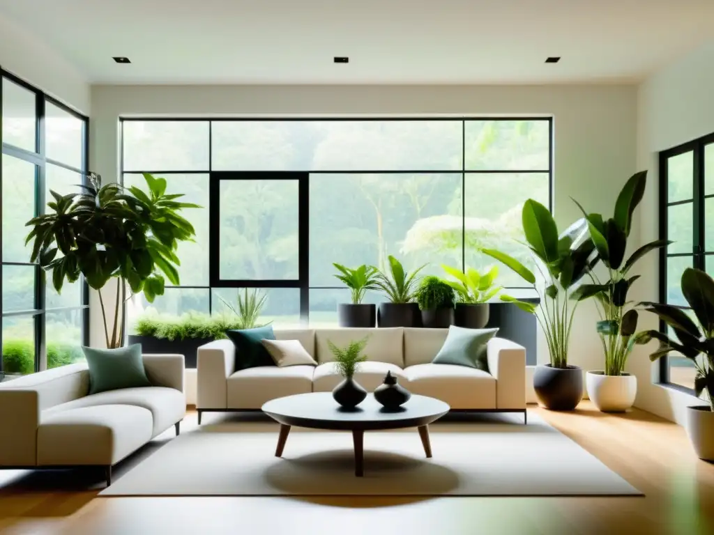 Salón moderno con plantas de interior que reducen ruido, creando un ambiente tranquilo y sereno