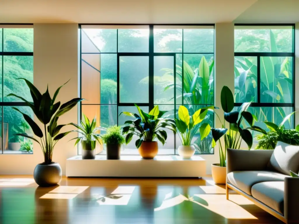 Un salón moderno con plantas de interior purificadoras de aire en macetas minimalistas, bañado por la luz del sol