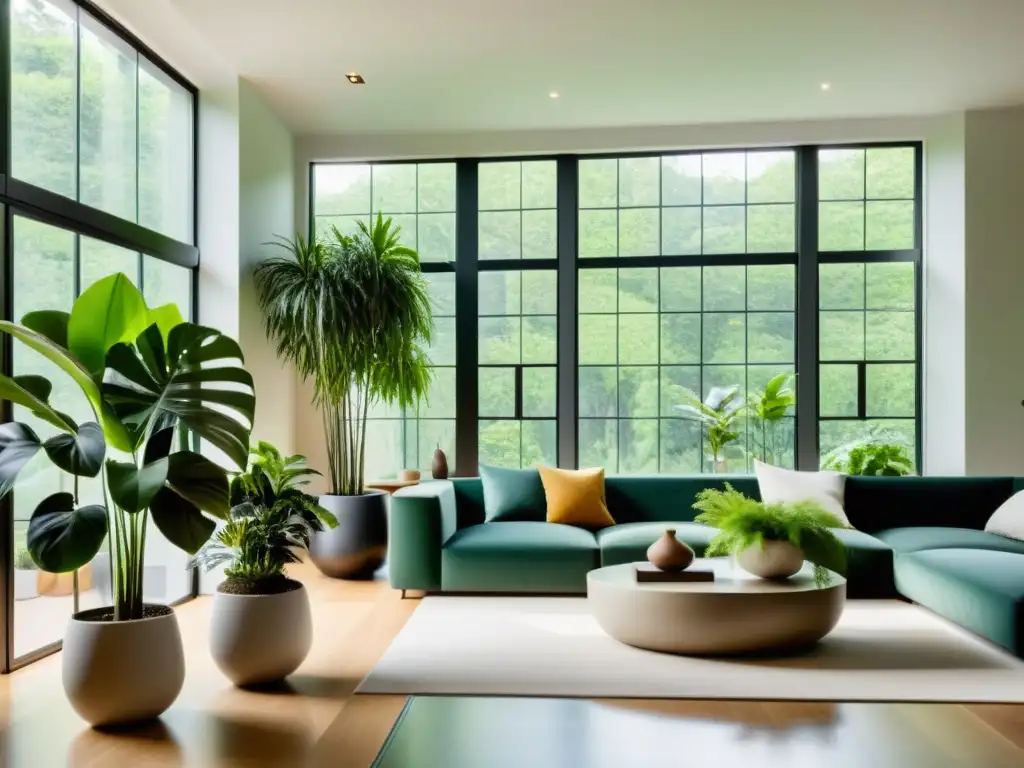 Salón moderno con plantas de interior en elegantes macetas, bañado por luz natural, creando una atmósfera tranquila y elegante