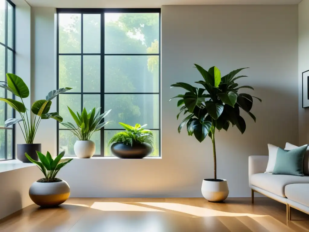 Un salón moderno con plantas de interior para alergias domésticas, creando un ambiente sereno y acogedor con luz natural