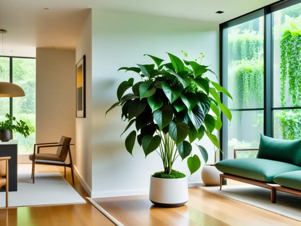 Un salón moderno con plantas de interior purificadoras de aire, creando un ambiente sereno y sofisticado