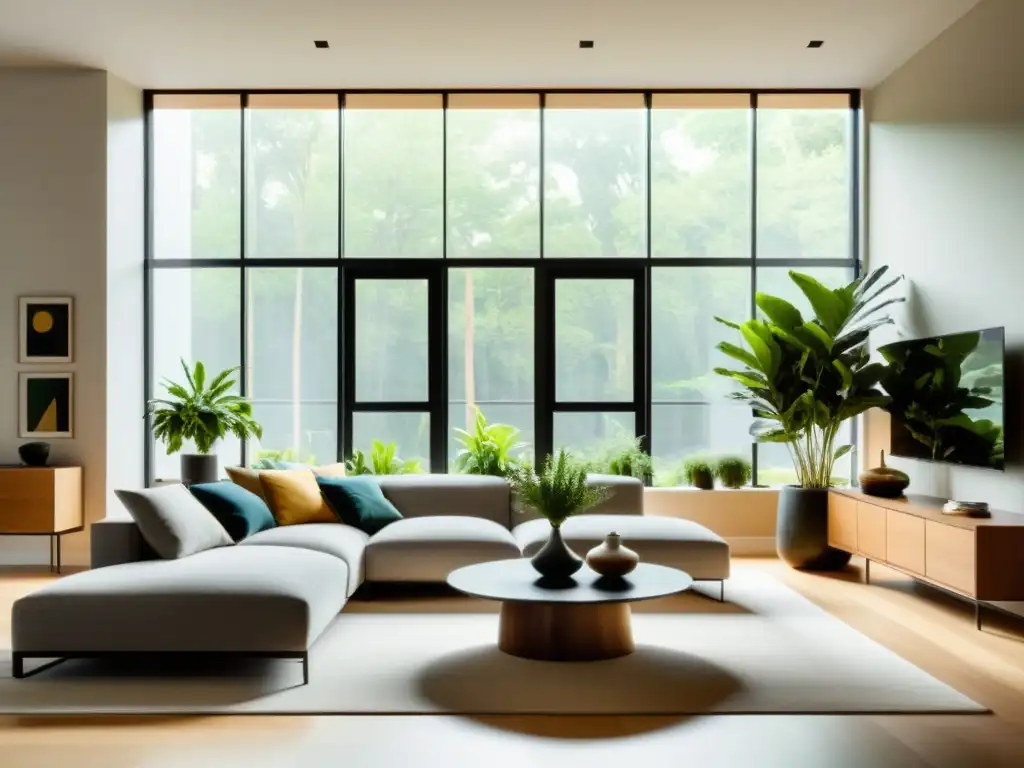 Un salón moderno con plantas de interior purificadoras de aire, bañado por luz natural, crea una atmósfera serena y acogedora