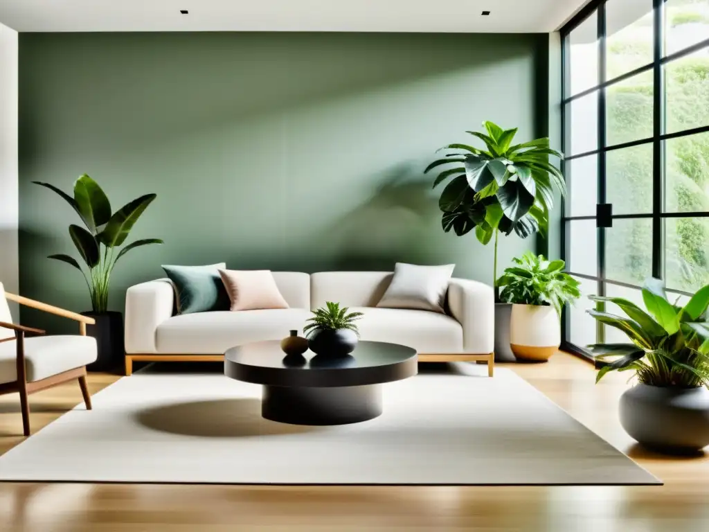 Salón moderno con plantas de interior, reducción huella carbono, armonía y elegancia ecológica