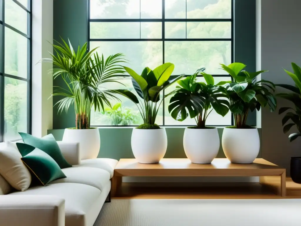 Salón moderno con plantas de interior para enfriar, bañado en luz natural y con ambiente sereno y refrescante