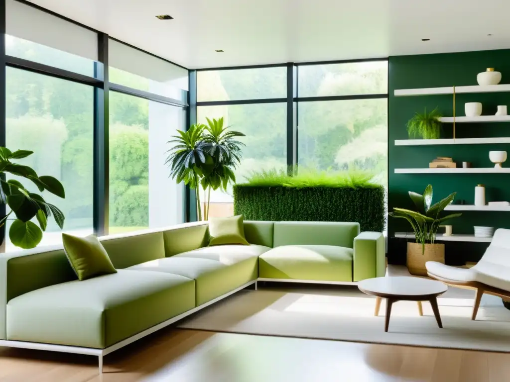 Salón moderno con plantas de interior para la fatiga visual, inundado de luz natural, creando un ambiente sereno y refrescante