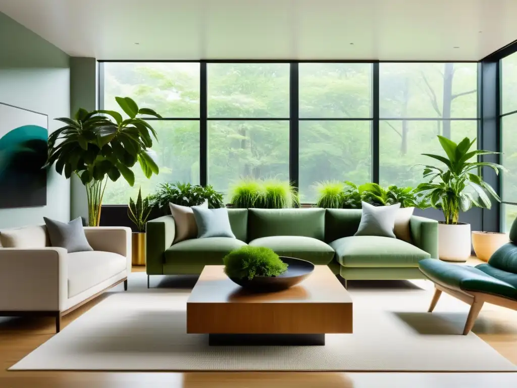 Un salón moderno con plantas de interior estilo sustentable, inundado de luz natural y ambiente ecofriendly