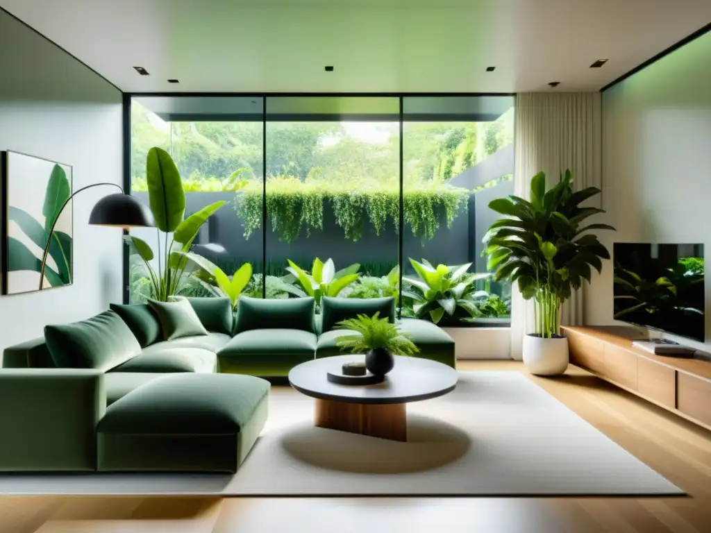 Un salón moderno con plantas de interior estratégicamente colocadas, bañado por luz natural