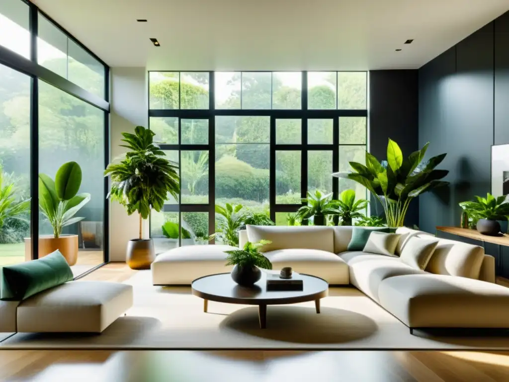 Salón moderno con plantas de interior equilibrio y fluidez, creando armonía con muebles contemporáneos y luz natural