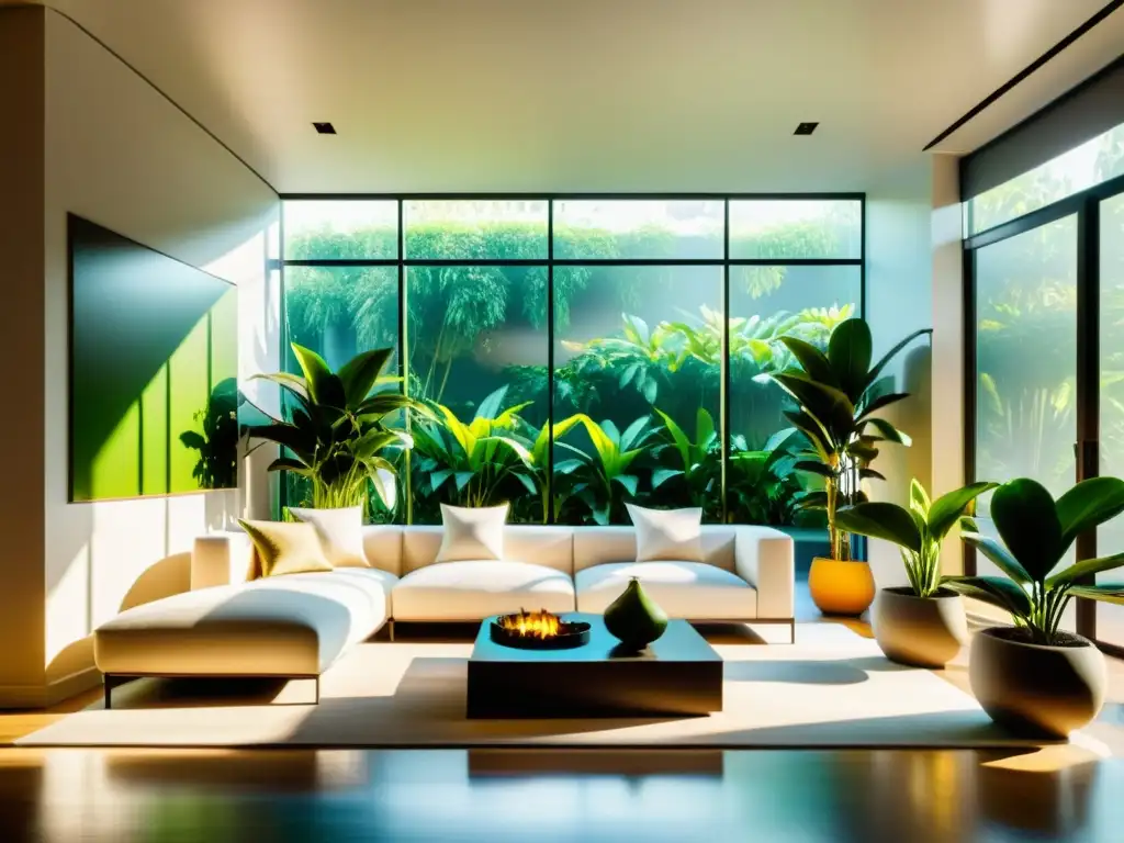 Salón moderno con plantas de interior con flores decorativas, iluminado por la luz del sol y sombras en muebles minimalistas y paredes neutras