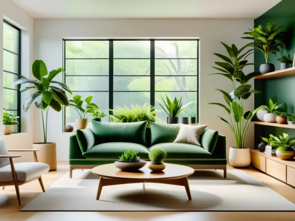 Salón moderno con plantas de interior seguras para mascotas, mobiliario minimalista y mucha luz natural