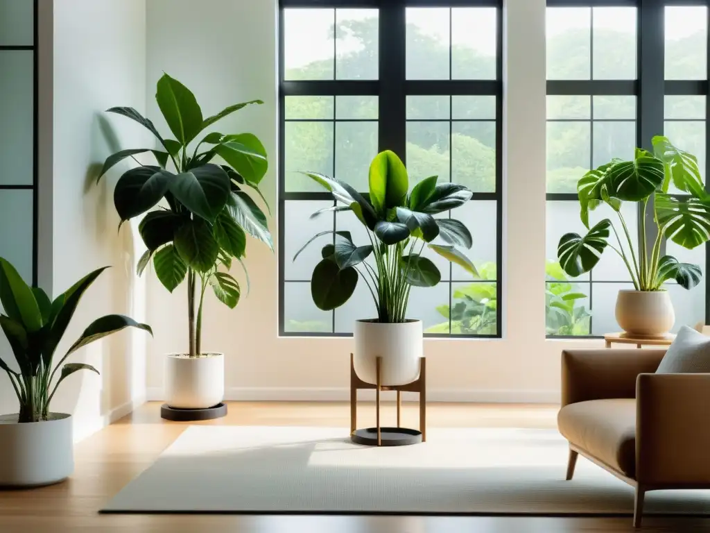 Salón moderno con plantas de interior, creando un ambiente sereno y acogedor