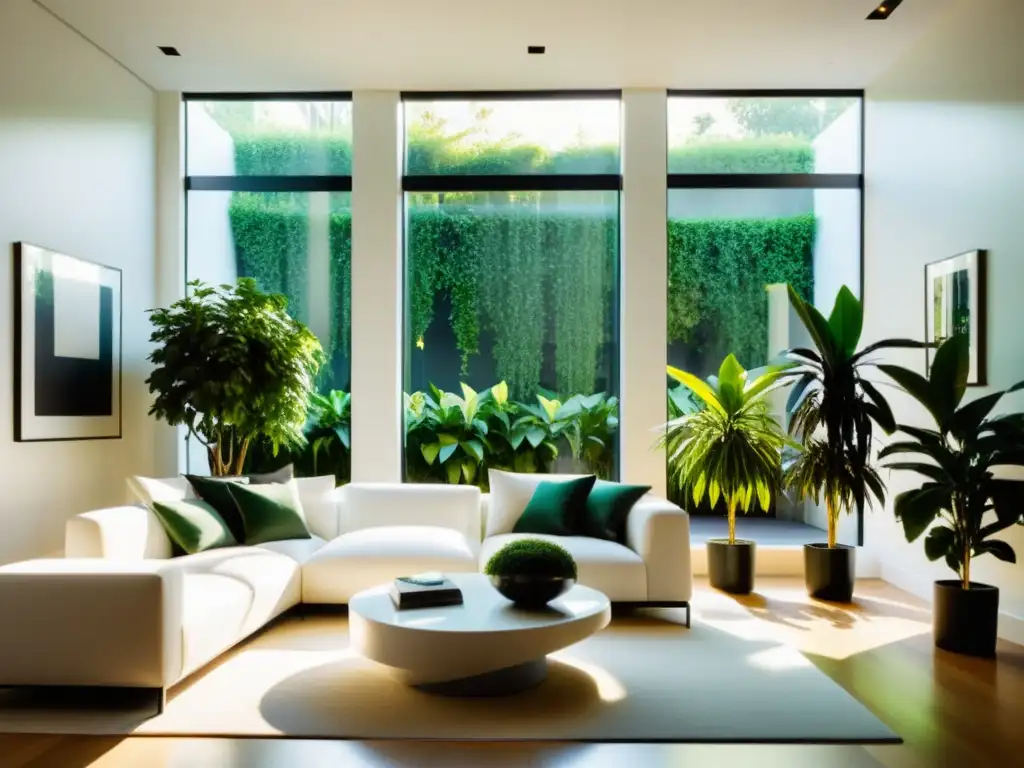 Un salón moderno con plantas de interior en macetas, creando un jardín interior armonioso