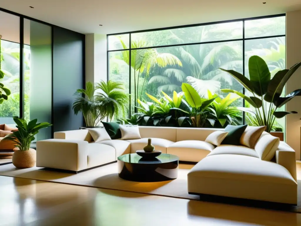 Un salón moderno combina plantas de interior exóticas para crear un oasis tropical vibrante y refrescante, con luz natural y estilo contemporáneo