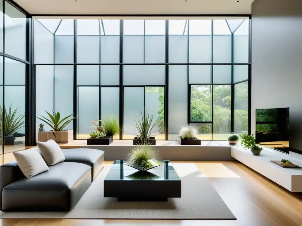 Salón moderno con plantas aéreas purificación aire interior, iluminado por luz natural a través de ventanas de piso a techo