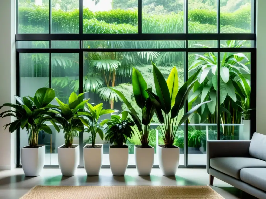 Un salón moderno con plantas de interior resistentes al frío en macetas blancas, iluminado por suaves rayos de luz natural